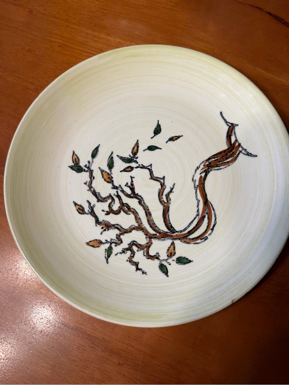 Hand-Painted Ceramic Wall Plate in Cream with Brown & Green Motif